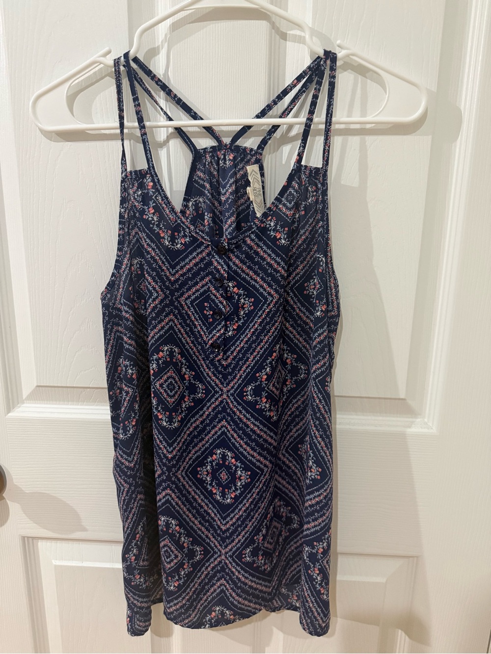 Navy Floral Diamond Print Strappy Women's Tank Top